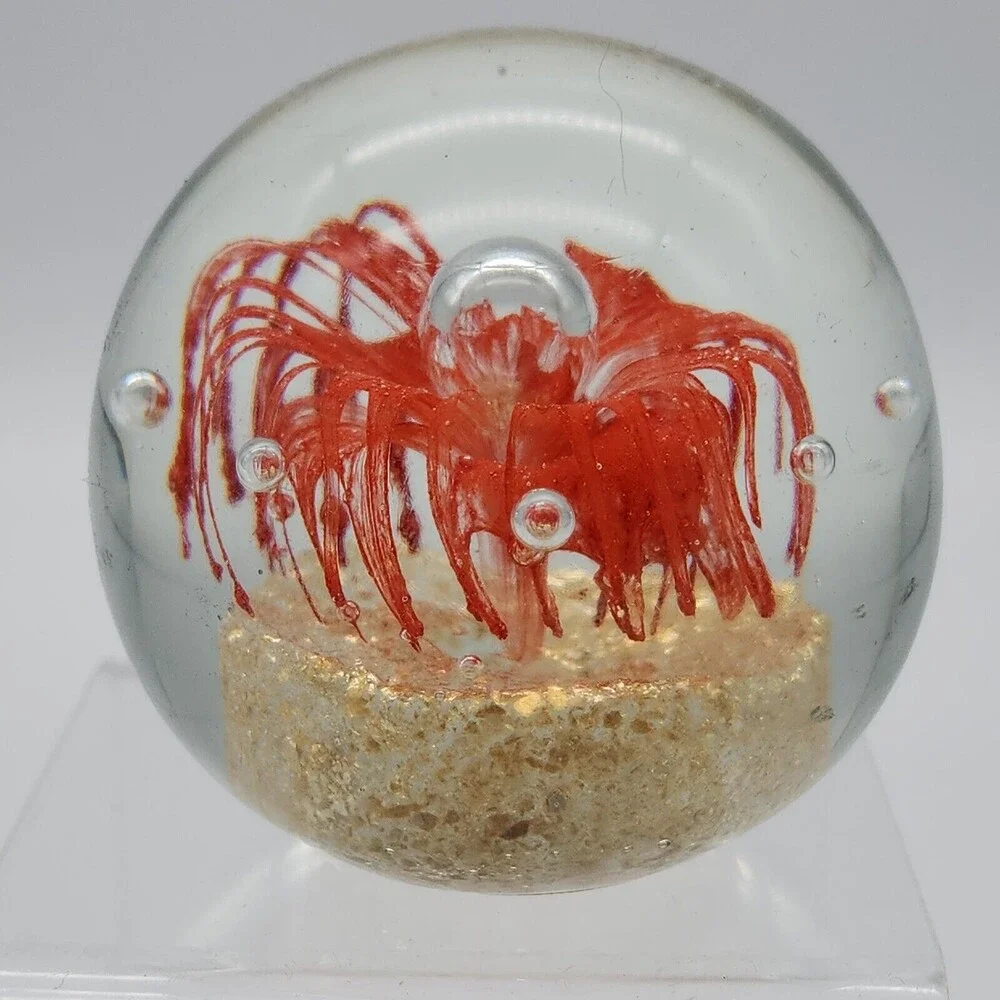Art Glass Red Flower Sphere Paperweight Aventurine & Controlled Bubbles